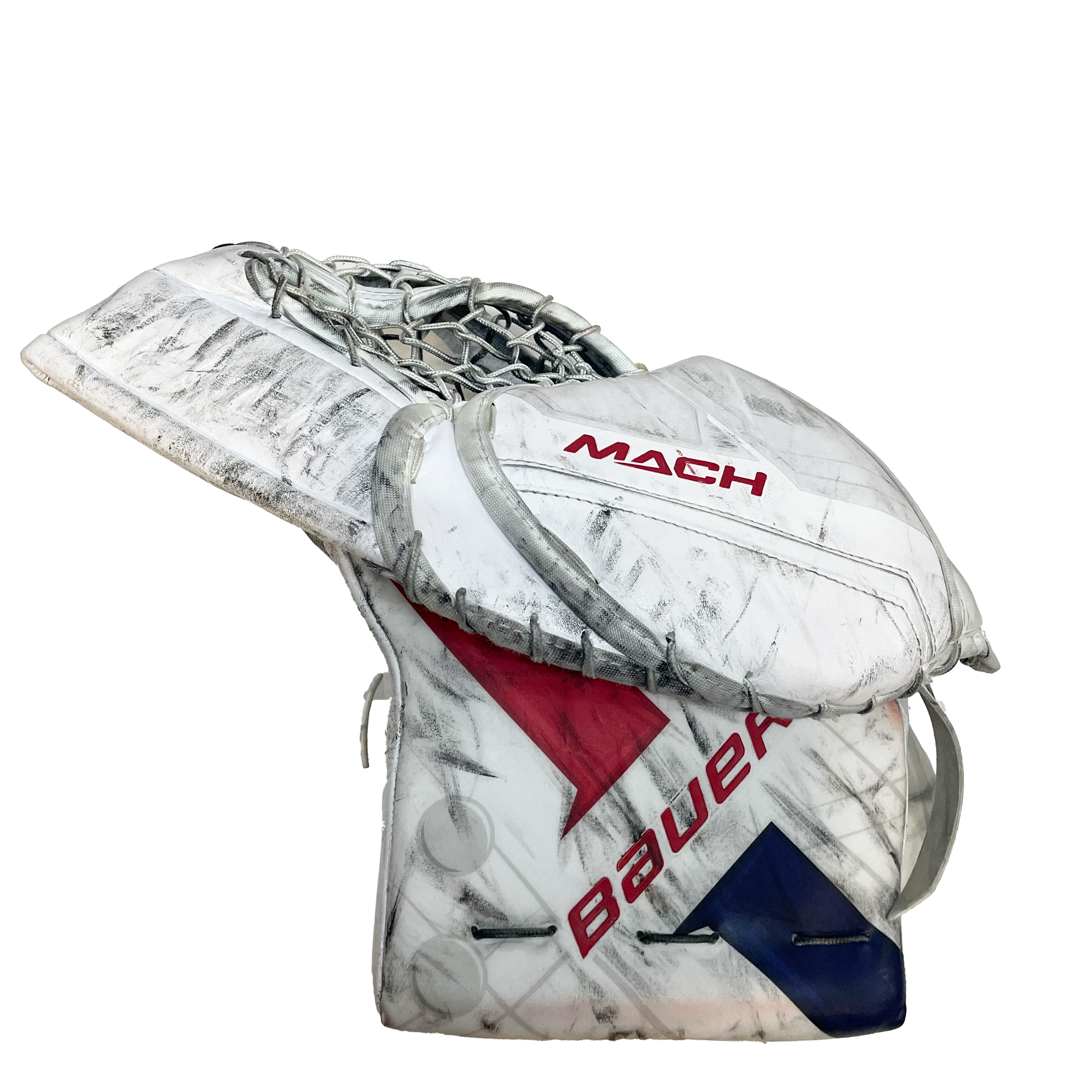 Bauer Supreme Mach - Gant de gardien Cayden Primeau NHL Pro Stock d'occasion - Canadiens de Montréal (blanc/bleu/rouge)